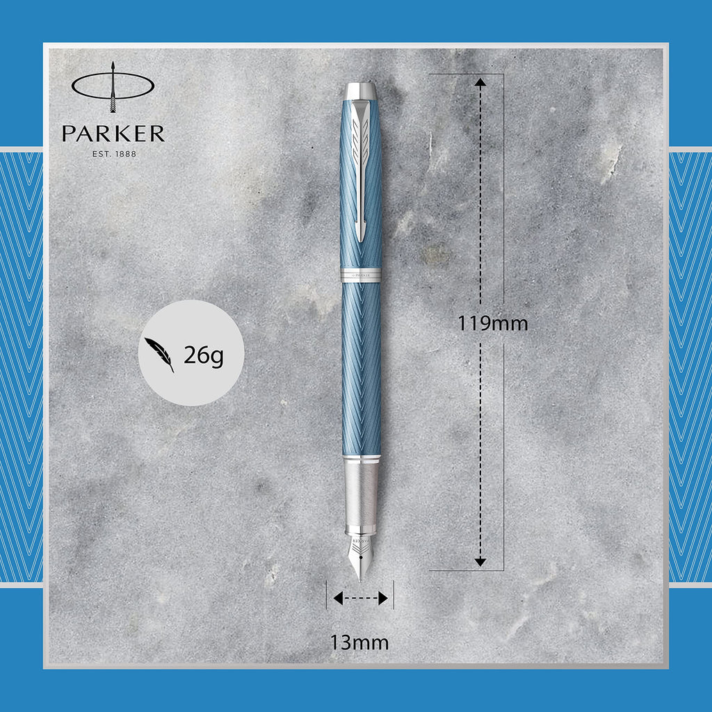 PARKER IM Fountain Pen | Premium Blue Grey with Chrome Trim | Medium Point with Blue Ink Cartridge | Gift Box