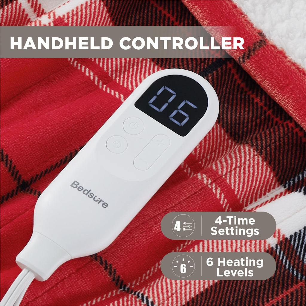 Bedsure Plaid Heated Throw Blanket - Christmas Electric Blanket with Red Plaid Pattern, Flannel Sherpa Heating Blanket as a Gift, with 6 Heating Levels, 4 Time Settings, 3-Hour Auto-Off (50"x60")
