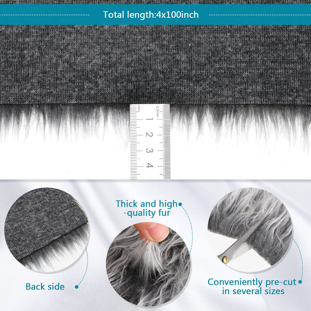 Faux Fur Fabric Christmas Fluffy Fuzzy Craft Shaggy Synthetic Plush Patch Sewing Fur Cuts for DIY Halloween Winter Costume Gnome Beard Miniature Dolls Costume Rugs Mats (Gray,4 x 100 Inch)