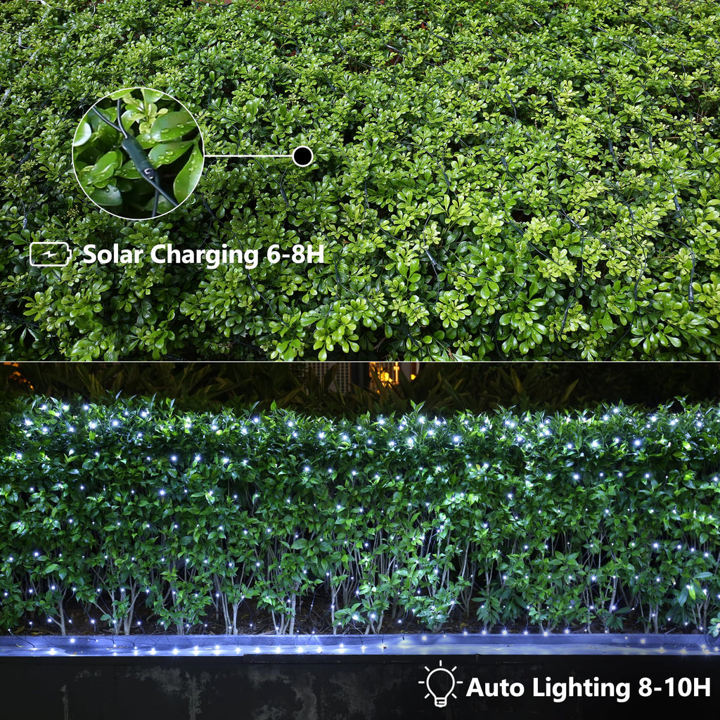 iBaycon Solar Christmas Net Lights, 5ft × 5ft Net Mesh Lights with 8 Modes and Timer,Waterproof Solar Bush Lights for Xmas Trees, Party, Garden, Wedding, Outdoor Decorations (White)