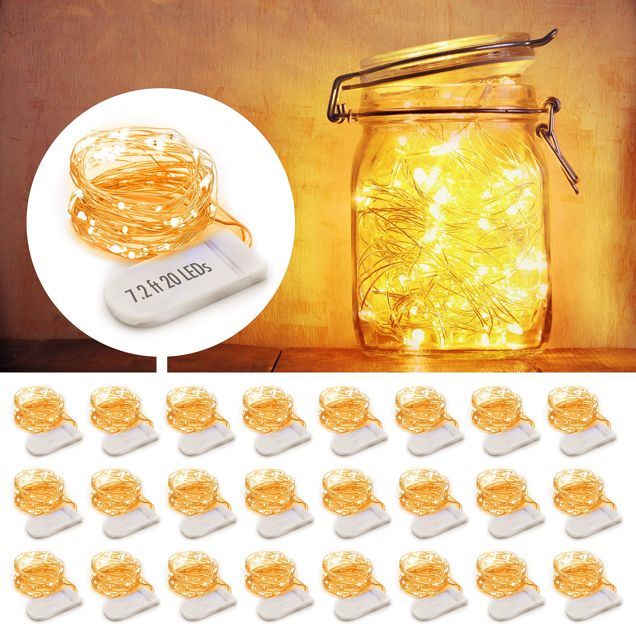 MUMUXI LED Fairy Lights Battery Operated String Lights [24 Pack] 7.2ft 20 Battery Powered LED Lights | Mini Lights, Centerpiece Table Decorations, Wedding Party Bedroom Mason Jar Christmas, Warm White