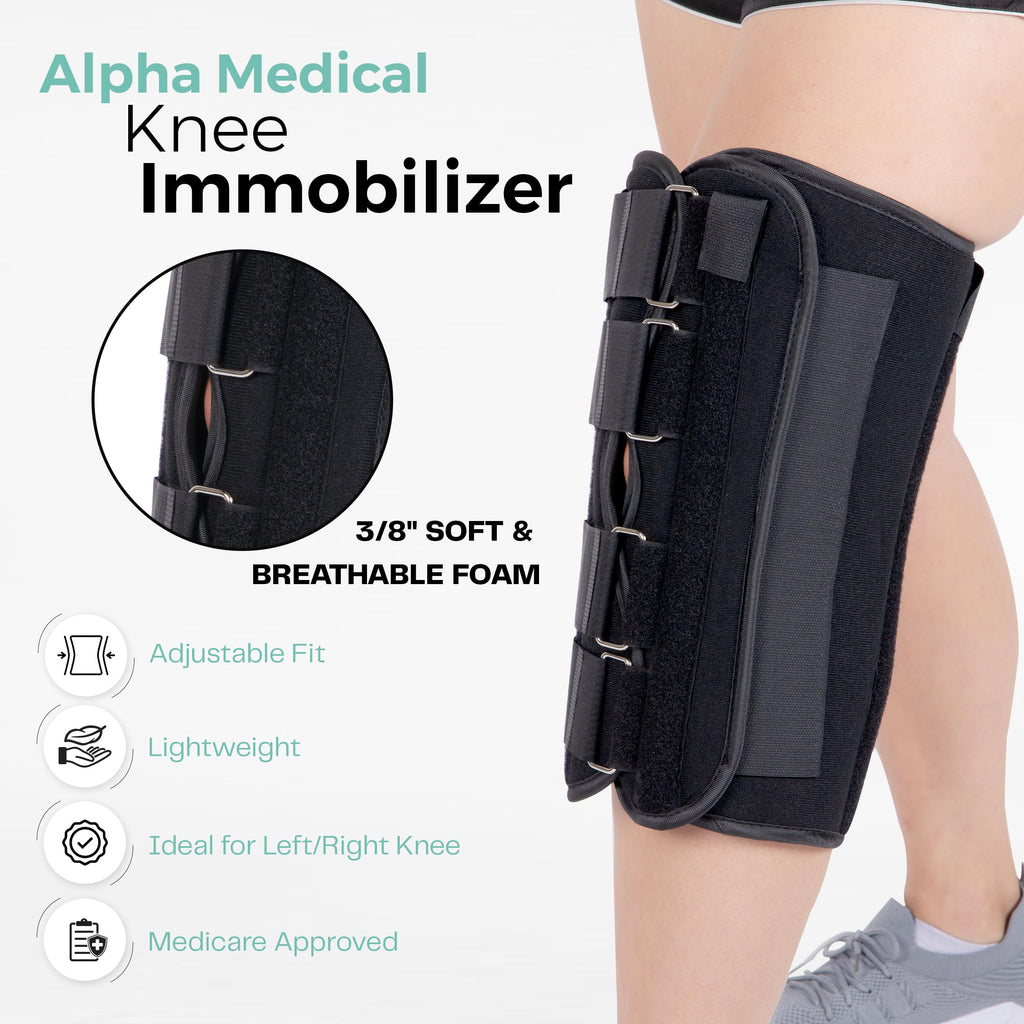 Alpha Medical 14” Long Adjustable Three Panel Orthopedic Knee Immobilizer – Supportive & Adjustable Side Panels – Knee Brace Stabilizer – Knee Immobilization L1830
