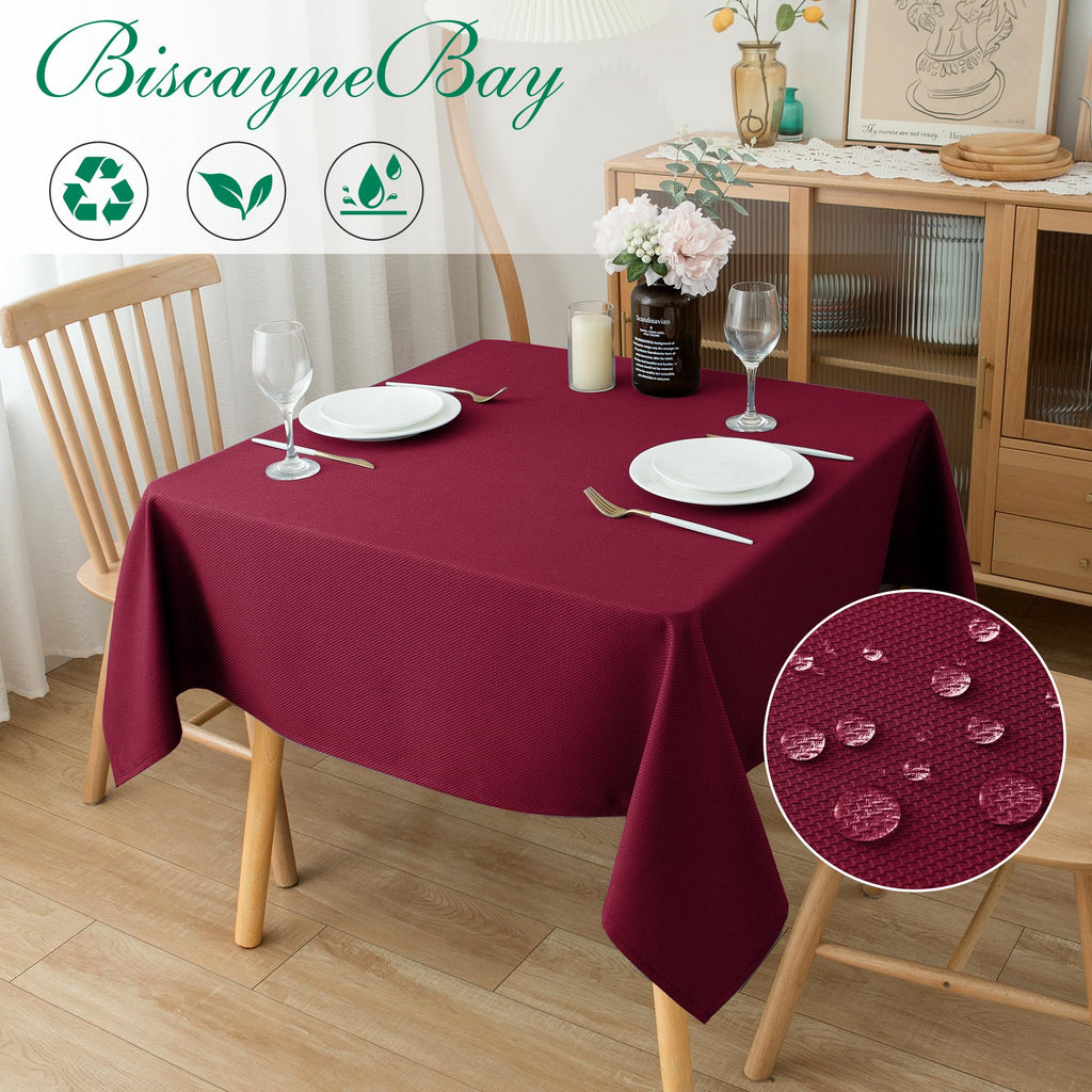 Biscaynebay Textured Fabric Christmas Square Table Cloth 70x70 Inch, Burgundy Water Resistant Tablecloths for Dining, Kitchen, Wedding, Parties etc. Machine Washable