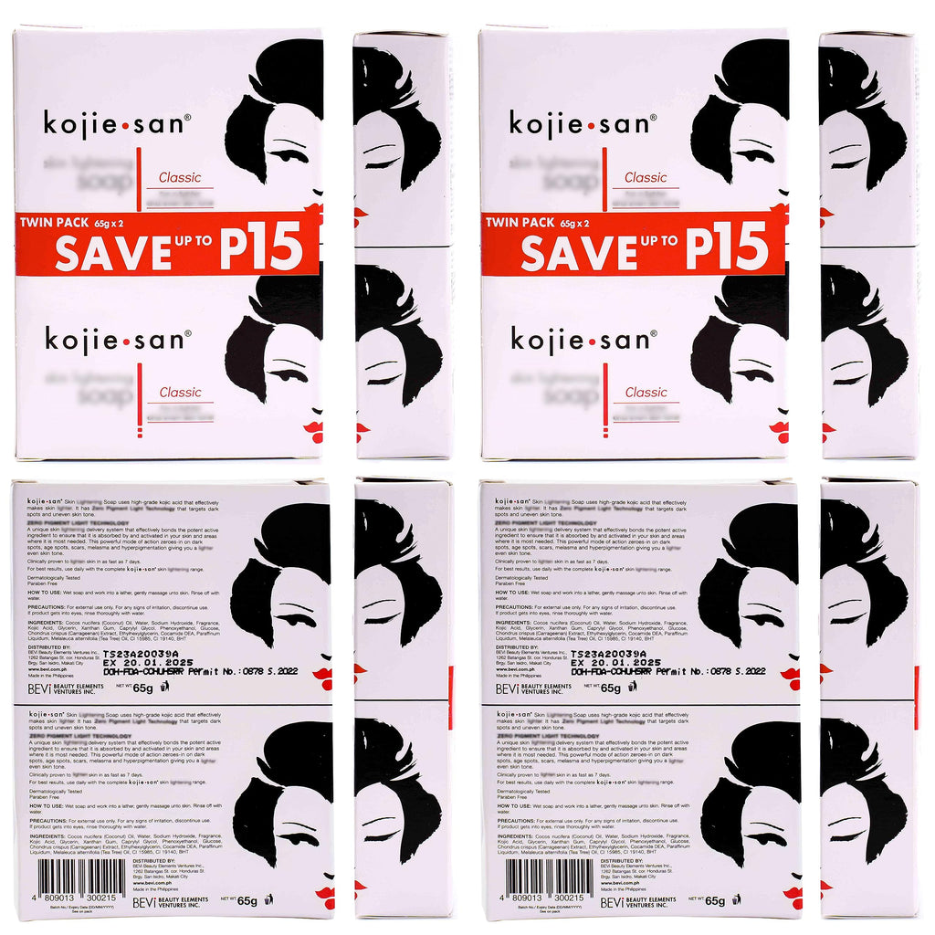 Kojie San Skin Brightening Soap - Original Kojic Acid Soap that Reduces Dark Spots, Hyperpigmentation, & Scars with Coconut & Tea Tree Oil – 65g x 4 Bars