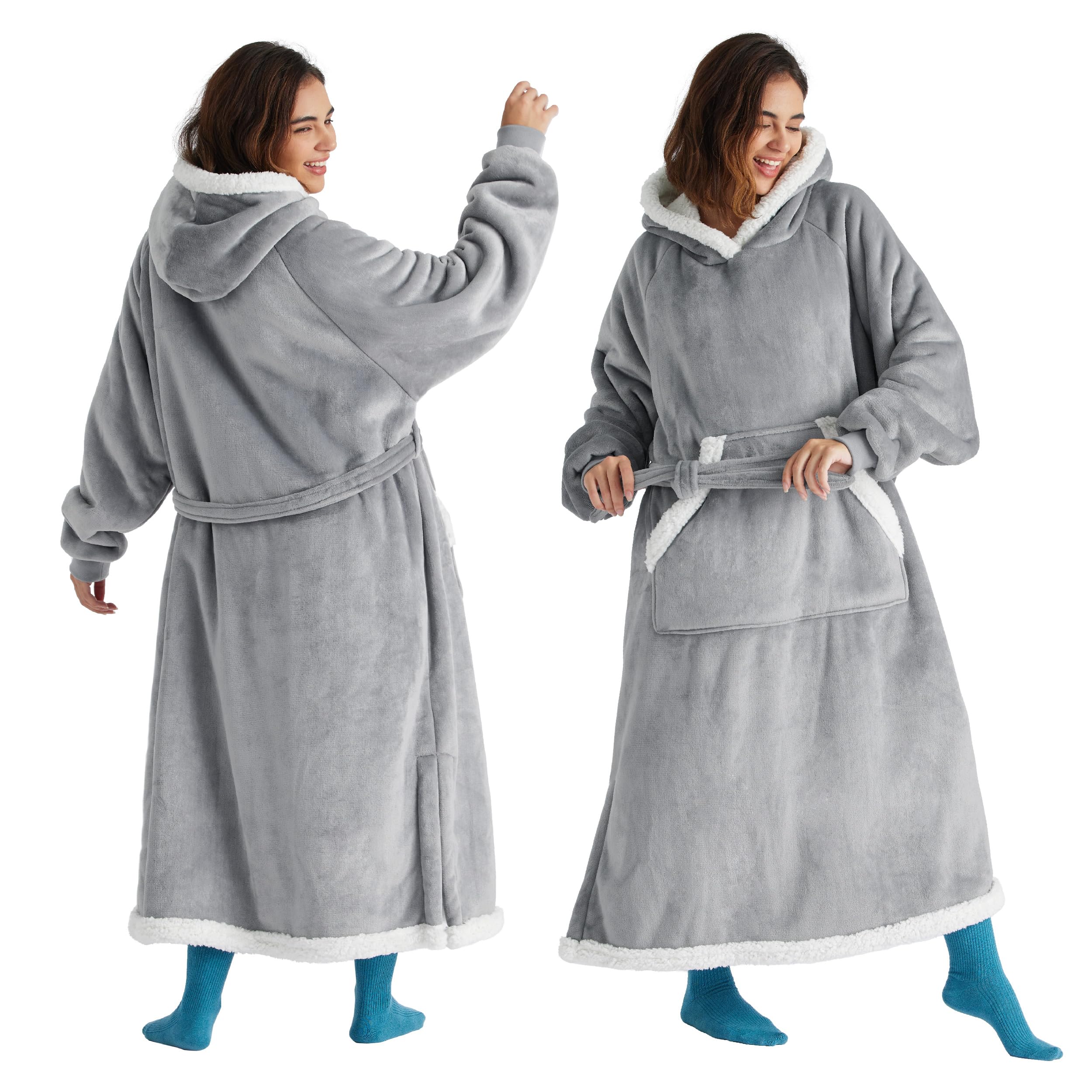 Bedsure Wearable Blanket Hoodie, Long Hooded Blanket Sweatshirt as Christmas Birthday Gifts for Women, Cozy Sherpa Hoodie for Adult, Standard, Grey