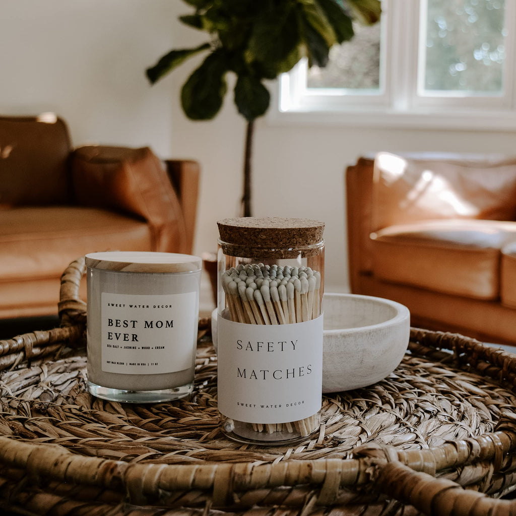 Sweet Water Decor 4" Hearth Matches in Apothecary Glass Bottle | Rustic Jar Approx. 100 Decorative Matchsticks with Strike Pad | Cute Candle Accessory Match Holder Long Matches for Fireplace (White)