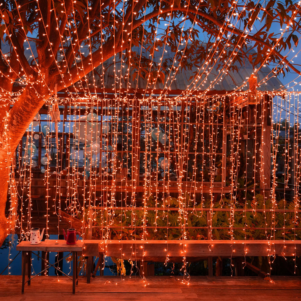 Twinkle Star 300 LED Window Fairy Curtain String Lights, 8 Modes Fairy Lights for Halloween Christmas Bedroom Wedding Party Home Garden Outdoor Indoor Wall Decorations, Orange