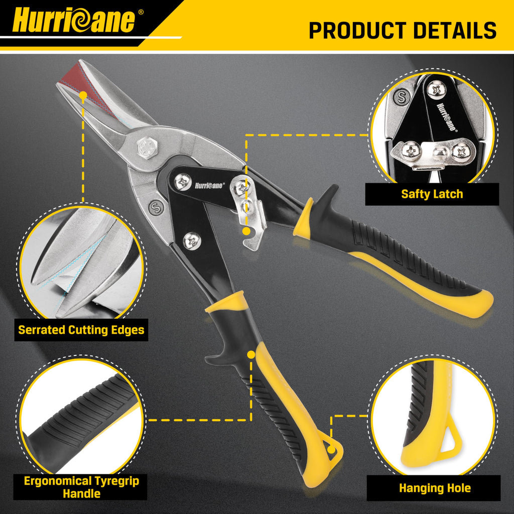 HURRICANE 3 pc Aviation Tin Snips Set, 10 Inch Metal Shears for Straight, Left & Right Curves, Cr-V Steel Blades, Non-Slip TyreGrip Handle, Safety Latch, for Sheet Metal, Gutter, HVAC, DIY