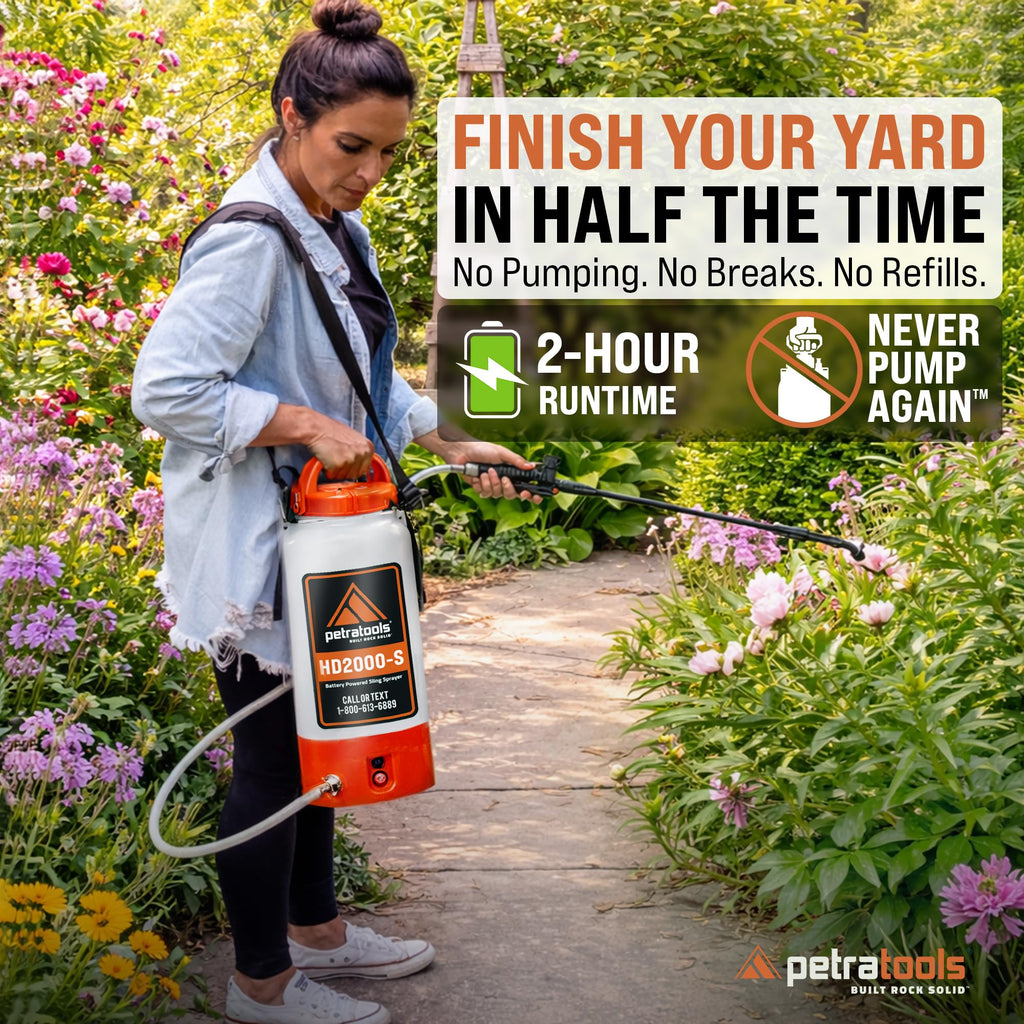 PetraTools Battery Powered Sprayer 2 Gallon - HD2000-S - Heavy Duty Electric Sprayer for Lawn and Garden Weed/Pest Control, Watering - with Battery, Charger & 2 Nozzles (2 Gallon)