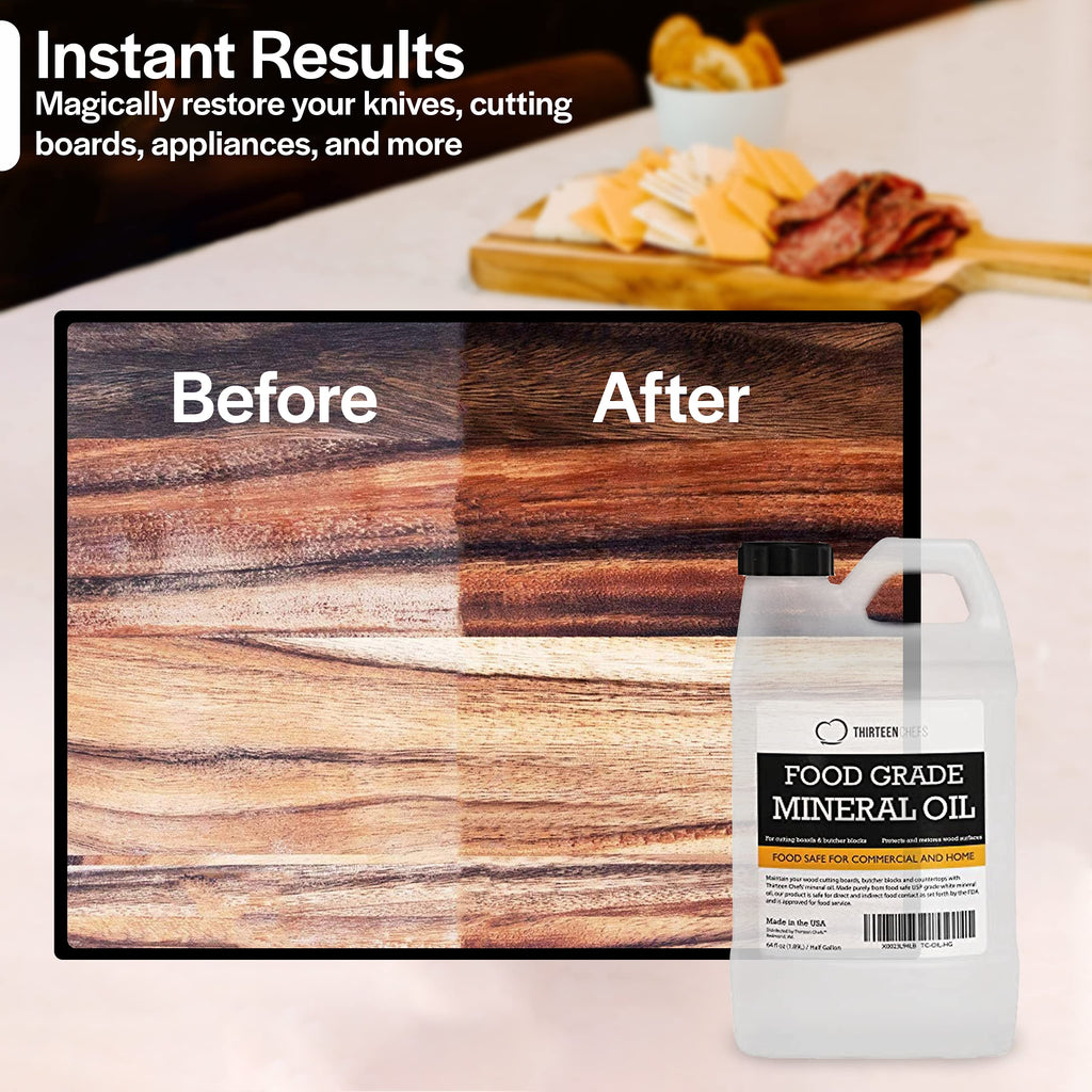 Thirteen Chefs Mineral Oil - 64oz Food Grade Conditioner for Wood Cutting Board, Countertop & Butcher Block, Lubricant for Knife or Meat Grinder - Safe USP Finish on Marble, Soapstone