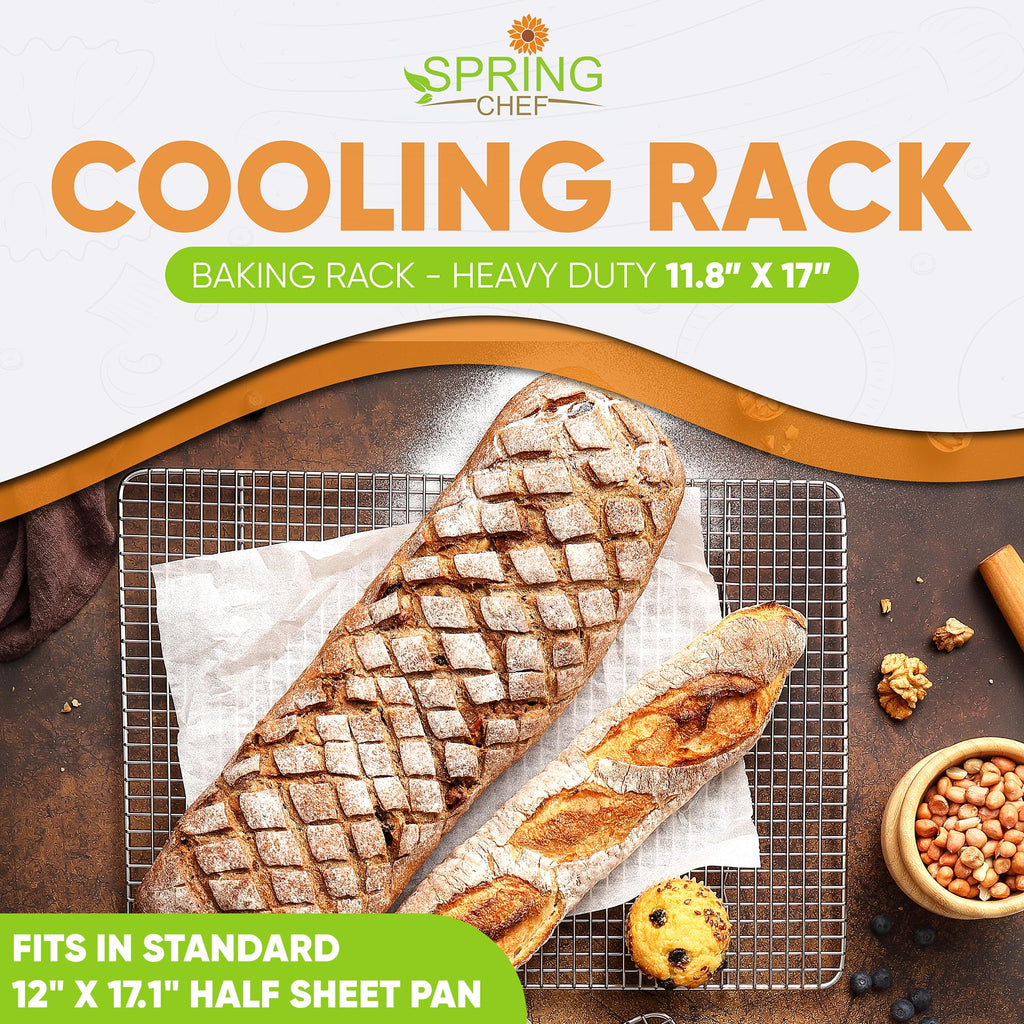 Spring Chef 11.8 x 17 Inch Stainless Steel Cooling Racks for Cooling & Baking - Oven Safe - Wire Roasting Racks for Oven Use - Fits Half Sheet Cookie Pan - Dishwasher Safe - Set of 2