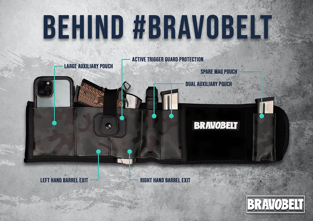 BRAVOBELT Belly Band Holster for Concealed Carry - Athletic Flex FIT for Running, Jogging, Hiking - Glock 17-43 Ruger S&W M&P 40 Shield | for Men & Women (Camo, XL - 45" - 55" Belly)