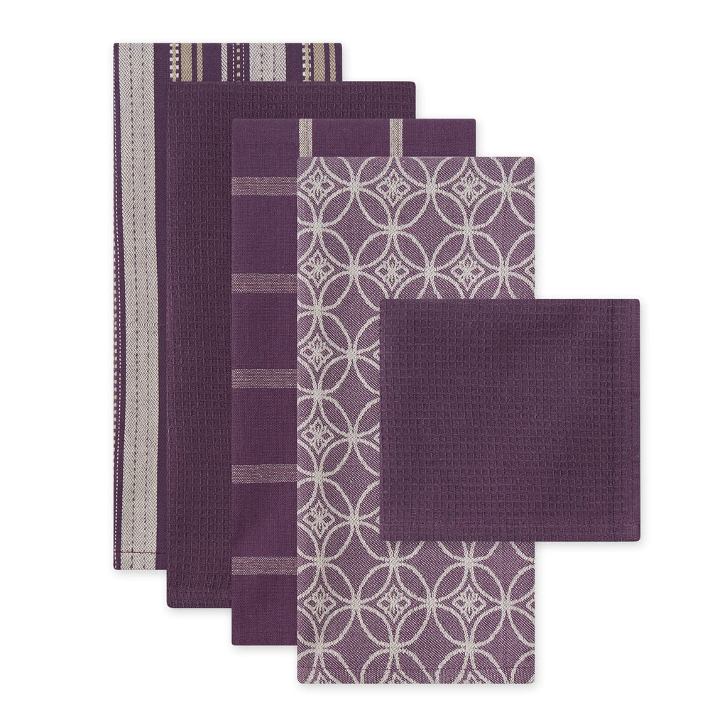 DII Assorted Woven Kitchen Set, Dishtowel, 18x28, Dishcloth, 13x13, Eggplant, 5 Piece