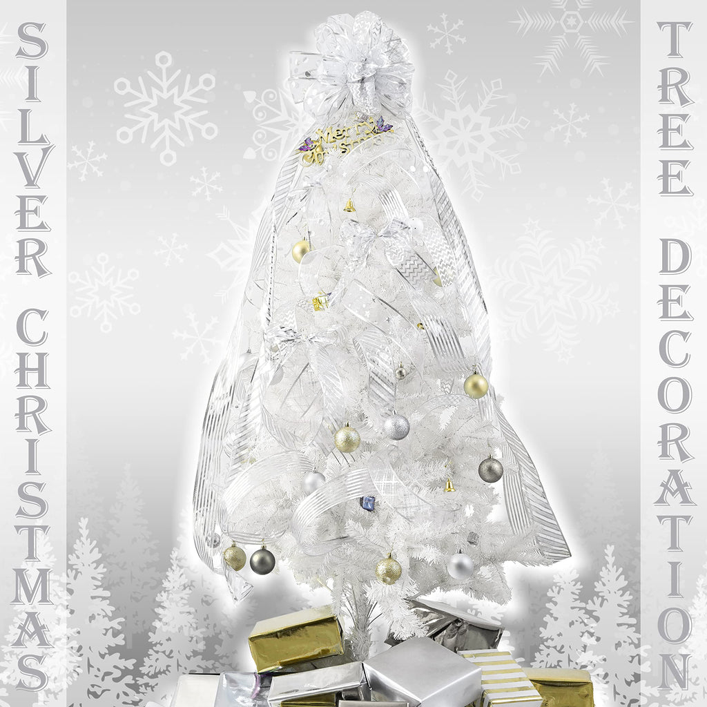 MEEDEE Silver Ribbon for Christmas Tree Silver Wired Ribbon 2.5 Inch 6 Rolls 36 Yards Silver Tree Ribbon Garland Christmas Ribbon Set Ribbon for Christmas Tree Decoration Topper Bow Making