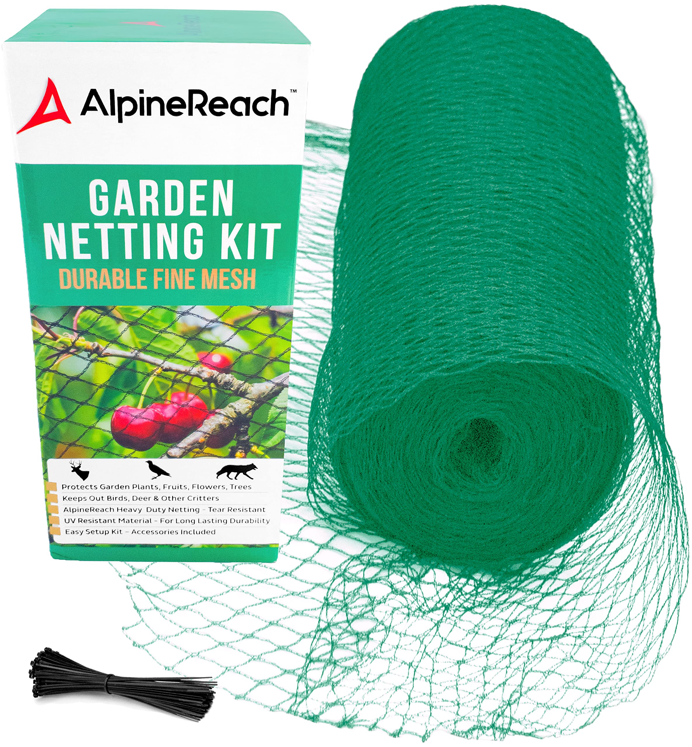 AlpineReach Garden Netting 15 x 30 ft Heavy Duty Bird Net, Deer, Plant Protection Extra Strong Woven Mesh, Reusable Kit with Zip Ties, Animal Fencing for Fruits Trees, Green