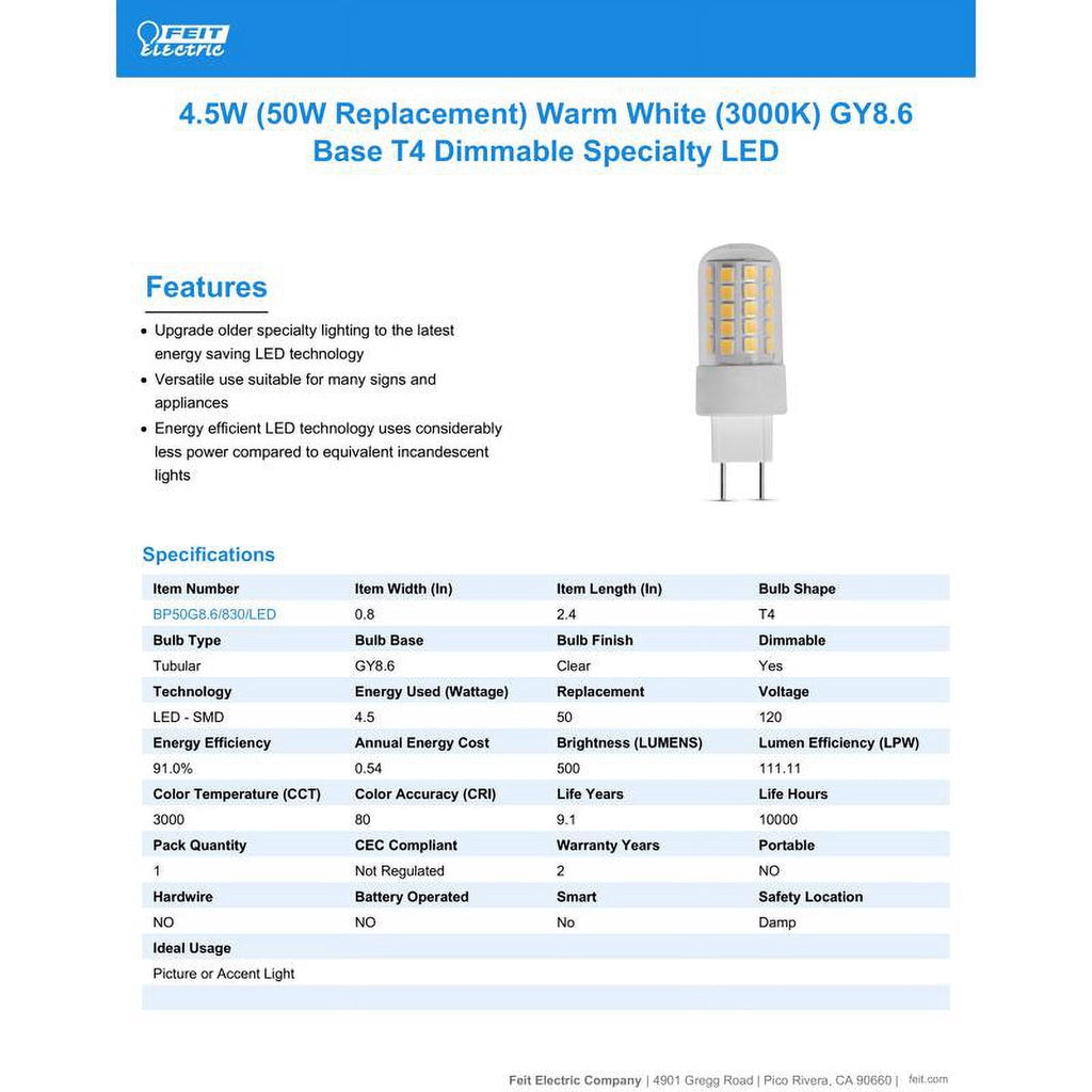 Feit Electric Gy8.6 LED Bulb Warm White 50 Watt Equivalence 3000k 500l