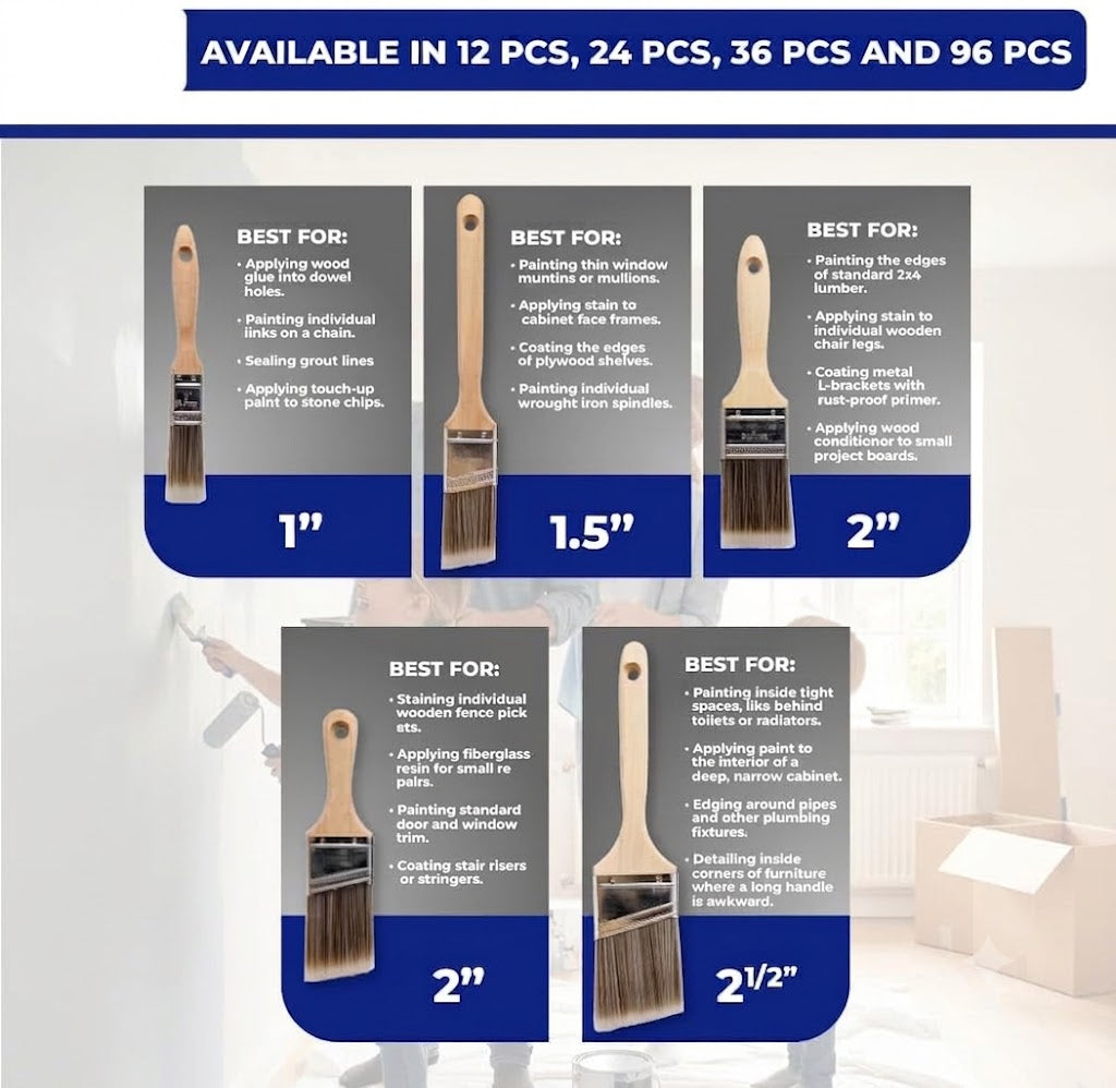 Paint Brushes, 5-Piece Paint Brush Set, Flat & Angle Brushes for Walls, Trim, Cabinets, Interior & Exterior Latex and Oil Paints, Stains