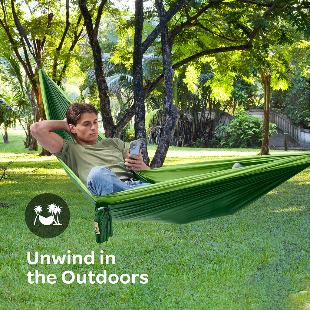 Durable Hammock 500 lb Capacity - Lightweight Nylon Camping Hammock Chair - Double or Single Sizes w/Tree Straps and Attached Carry Bag - Portable for Travel/Backpacking/Beach/Backyard (Large,Green)