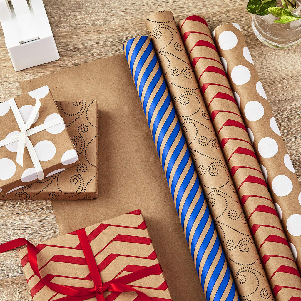Hallmark All Occasion Reversible Wrapping Paper - Gold & Kraft Stripes, Triangles, Chevron, Polka Dots