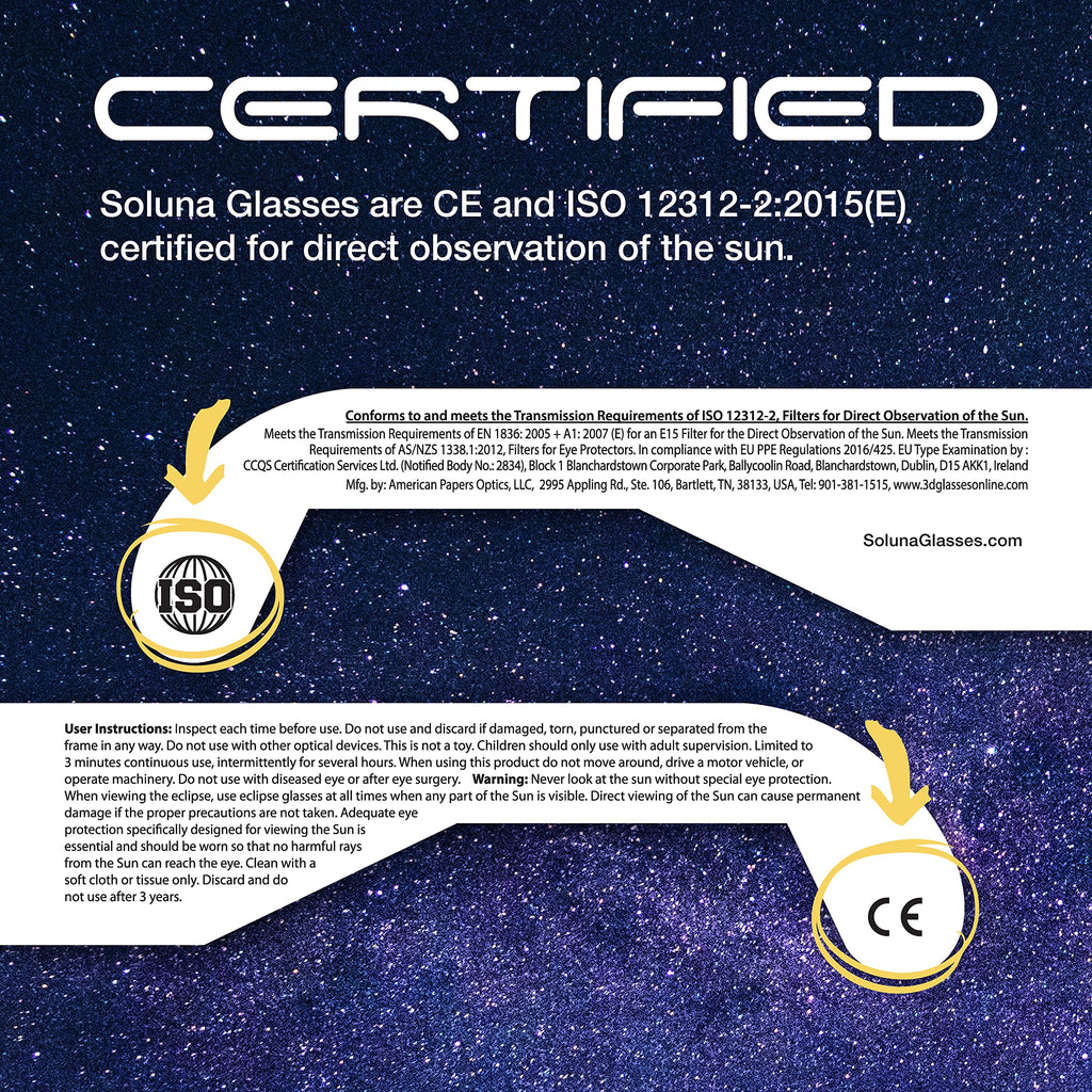 Solar Eclipse Glasses AAS Approved 2024 - Made in the USA CE and ISO Certified Safe Shades for Direct Sun Viewing (2 Pack)