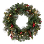 National Tree Company Pre-Lit Artificial Christmas Wreath, Green, Crestwood Spruce, White Lights, Decorated with Pine Cones, Berry Clusters, Christmas Collection, 24 Inches
