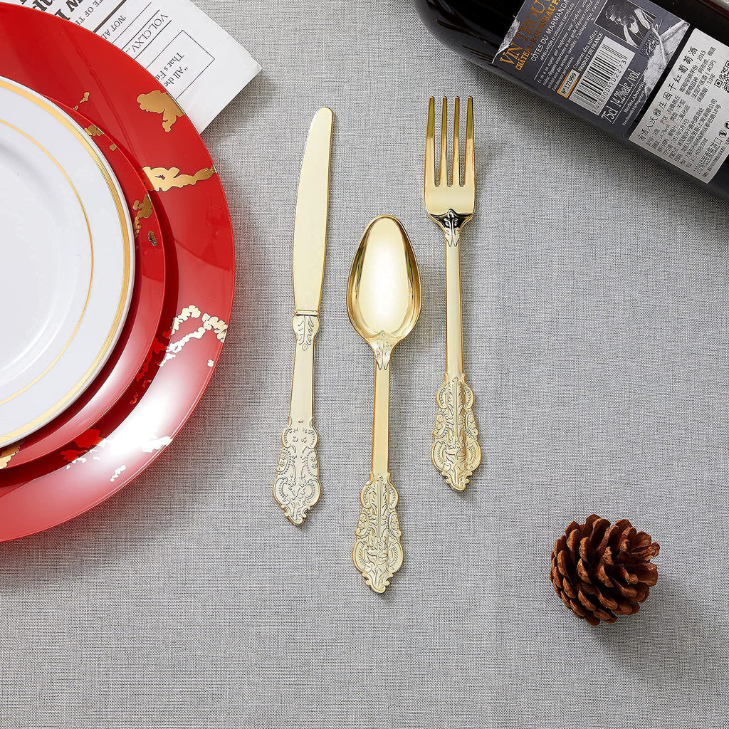 N9R 300pcs Gold Plastic Silverware Dinnerware Flatware- Heavyweight Plastic Cutlery Set, 100 Forks, 100 Spoons, 100 Knives, Gold Utensils for Party, Thanksgiving, Christmas