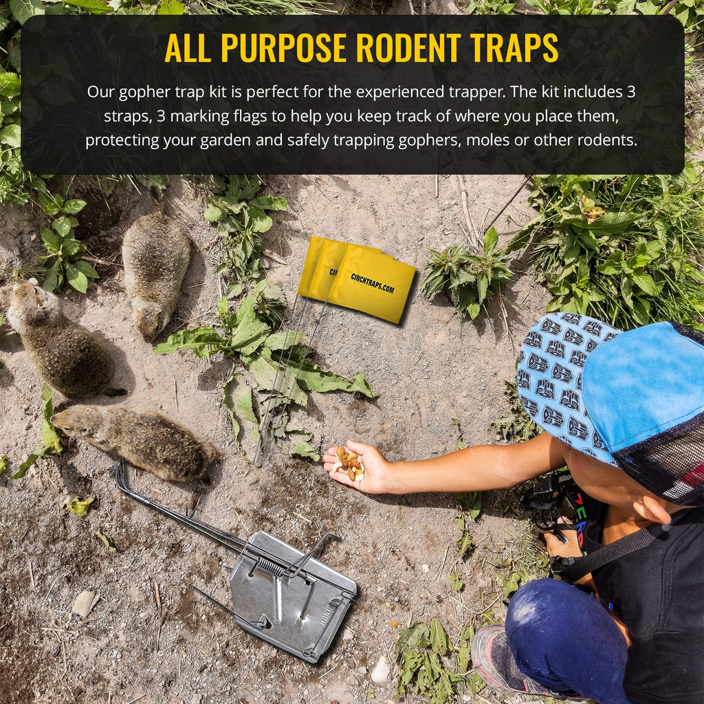 Cinch Gopher Trap Kit - Professional-Grade Gopher Traps That Work Best, Heavy Duty, Reusable Rodent Trapping System - Ideal for Lawns, Gardens, Ranches, and More - Outdoor Use, Small (3 Pack)