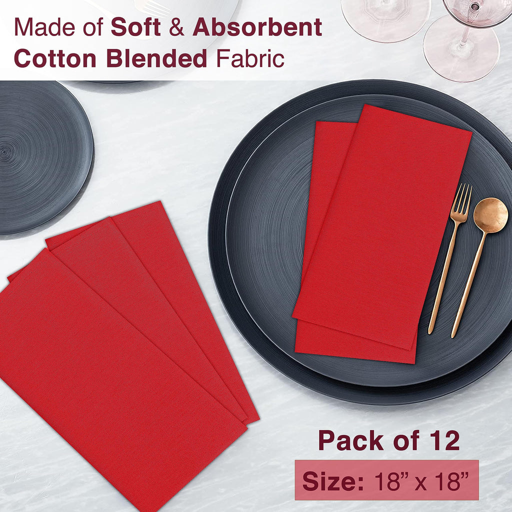 Ruvanti Cloth Napkins Set of 12, 18x18 Inches Napkins Cloth Washable, Soft, Durable, Absorbent, Cotton Blend. Table Dinner Napkins Cloth for Hotel, Weddings, Dinner, Christmas Parties - Red