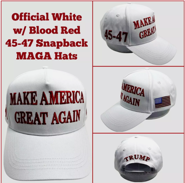 White with Blood Red Official Trump 45-47 Make America Great Again 2024 MAGA Hat