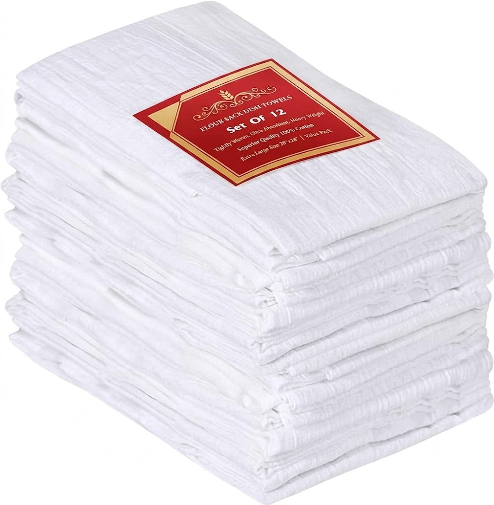 White Flour Sack Towels [12 Pack - 28 x 28 Inch] 100% Cotton Tea Towels for Cleaning & Drying - Highly Absorbent Kitchen Dish Cloth