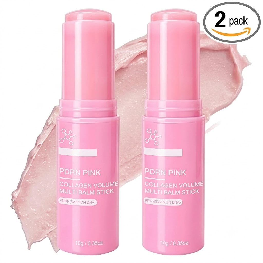 2PCS PDRN Pink Collagen Volume Multi Balm Stick - Hydrating Balm Eye Cream Make Up Base & Moisture Stick, Collagen Wrinkle Stick Face & Body Balm for Neck, Forehead, Smile Lines, Lips