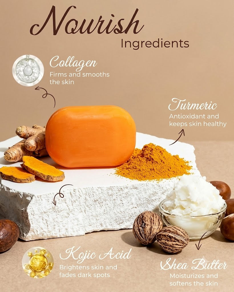 Kojic Acid Soap, Brightening & Hydrating Turmeric Soap Bar for Dark Spots with Vitamin C and Shea Butter, Paraben & Sulfate-Free - 105g x 2 Bars with African Net Sponge