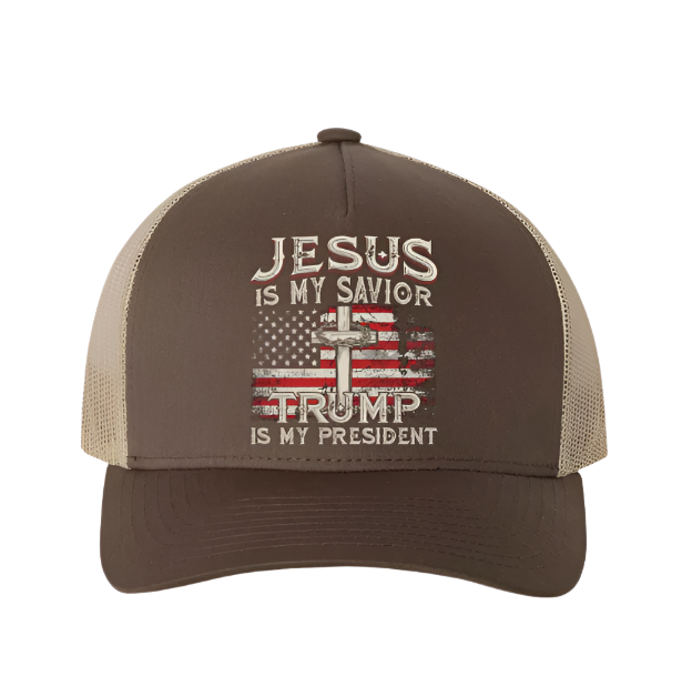 Trump 2024 Jesus is My Savior MAGA 45 47 Never Surrender Retro Trucker Hat Cap, (Brown/Khaki)