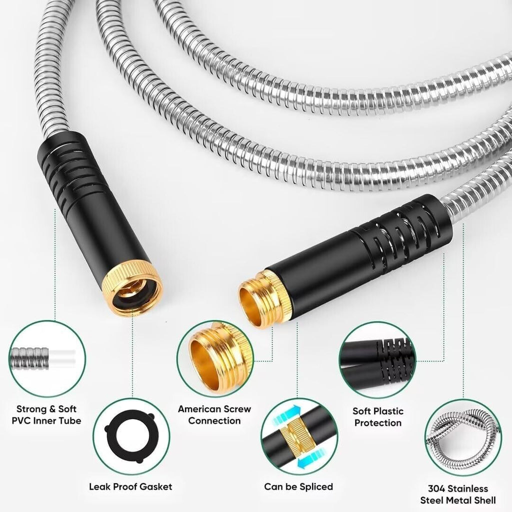 GARDEN HOSE 50ft Heavy Duty Stainless Steel Water Hose with 10 Functional Nozzle