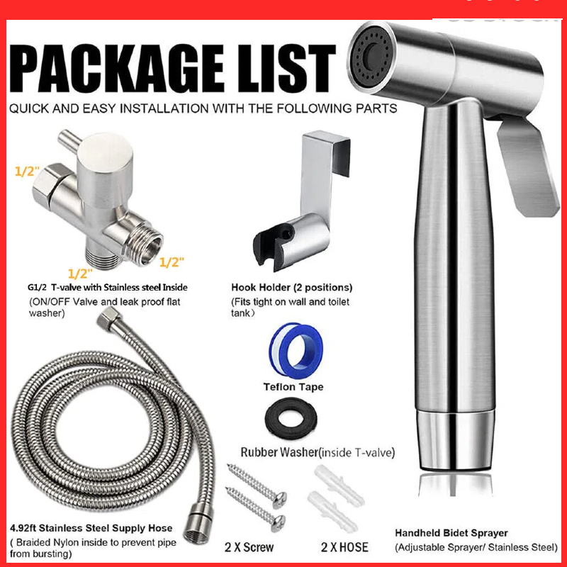 MM ELECTRONICS Handheld Bidet Spray Shower Head Shattaf Toilet With Long Hose Stainless Steel
