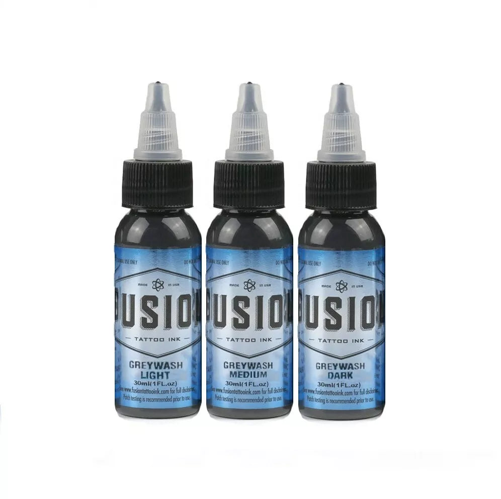 FUSION Greywash Set 3 Shading Color - FusionTattoo Ink Light Medium Dark 1/2oz Bottle