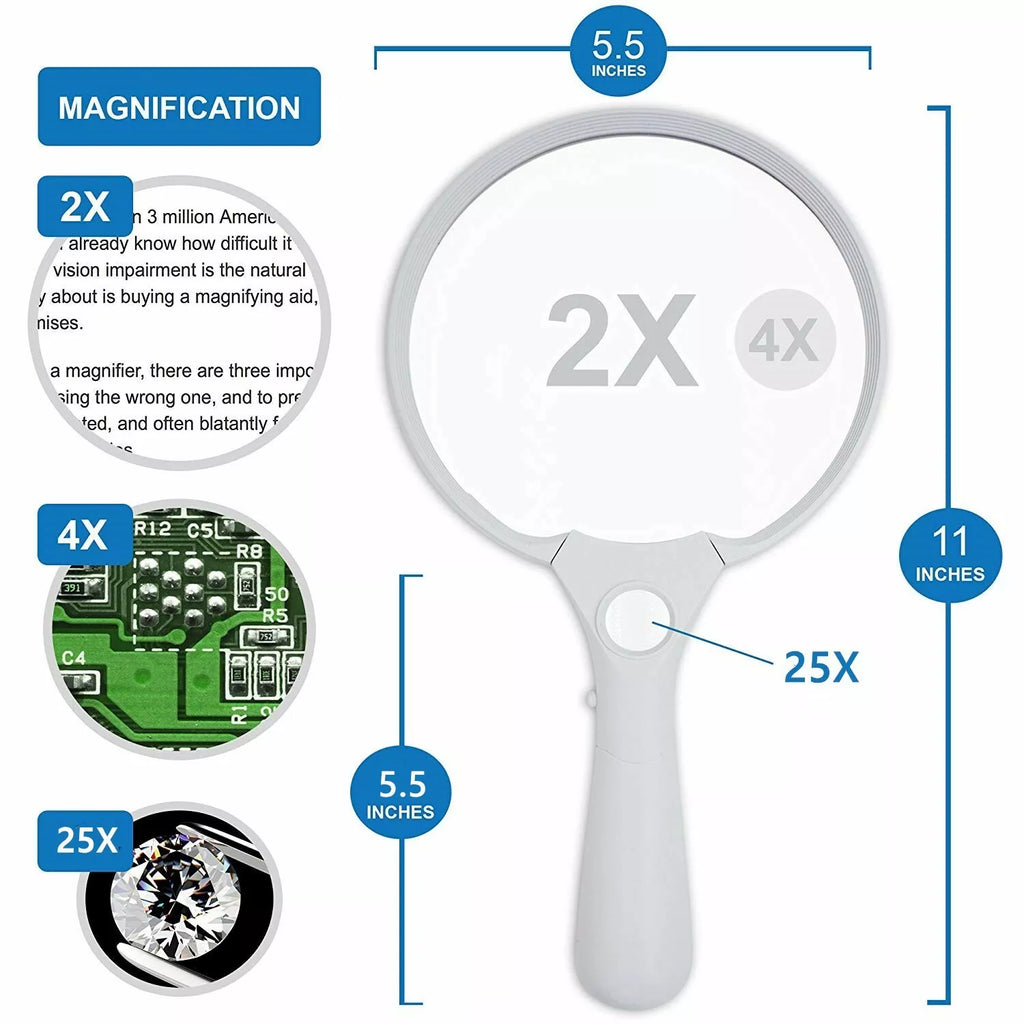 NEXETE GLASS 3 LED 25x 3x Handheld Magnifier Reading Magnifying Glass Lens Jewelry Loupe (XL White)