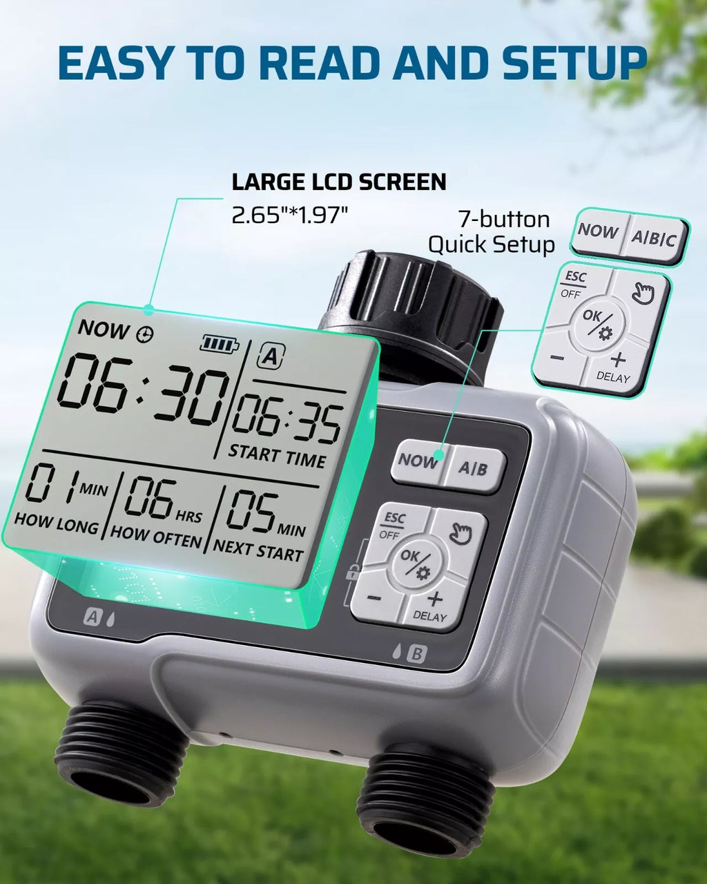 DEWENWILS Sprinkler Timer 2 Zone, Programmable Water Timer, Control Drip