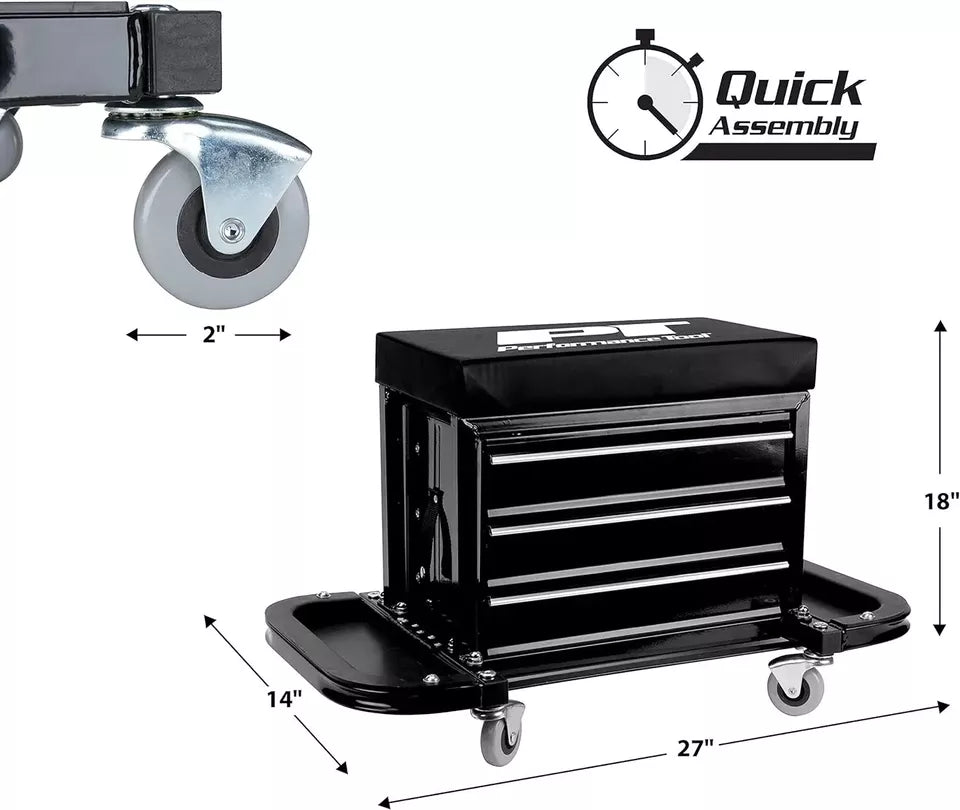3-Drawer Tattoo Barber Rolling Chest Workstation Seat With Magnetic Side Trays