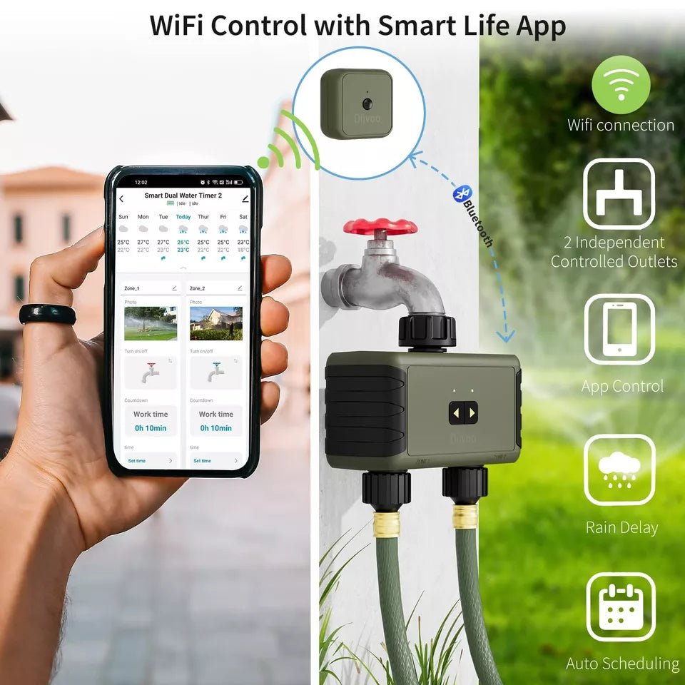 DIIVOO Outdoor Garden Faucet WiFi Sprinkler Timer 2 Zone Water Hose Timer 2 Outlet