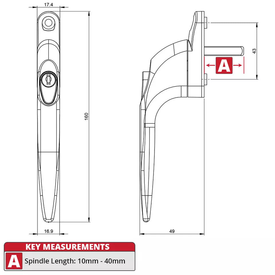 Yale uPVC Universal Window Handle Inline Locking Espag Double Glazing: Colour: White, Size: 20mm