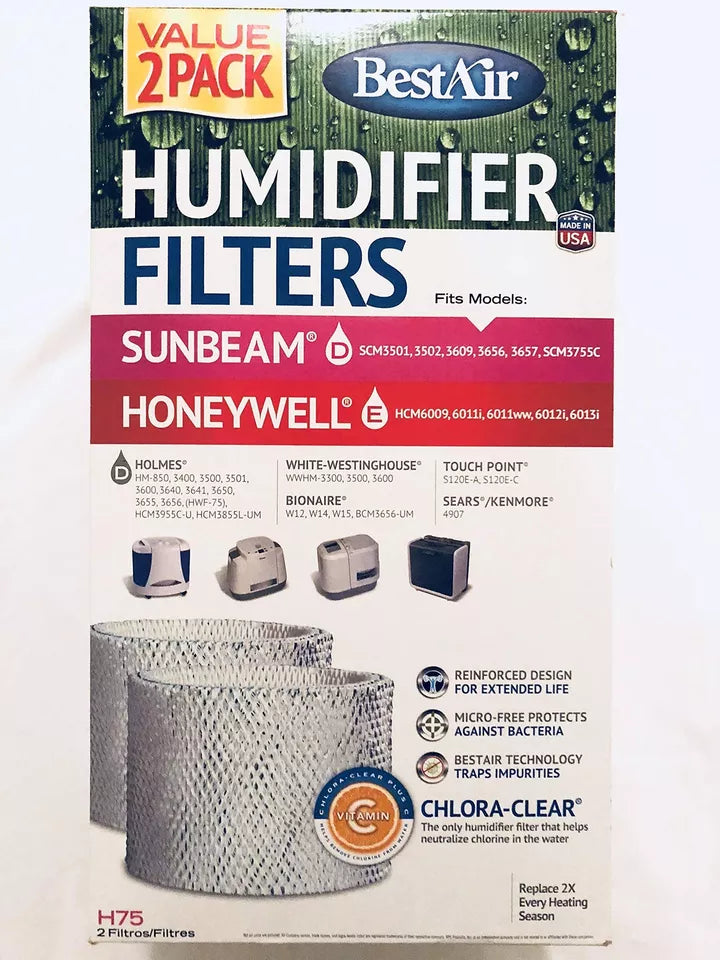 BestAir H75-2 Pack, Holmes Replacement, Paper Wick Humidifier Filter, 7.9" x 2.6" x 14"