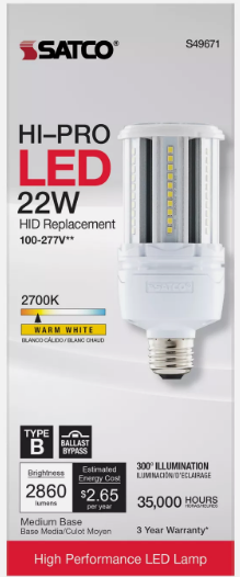 Satco S49671 LED HID Replacement 100-277V 22W Corncob E26 Base 2700K Warm White